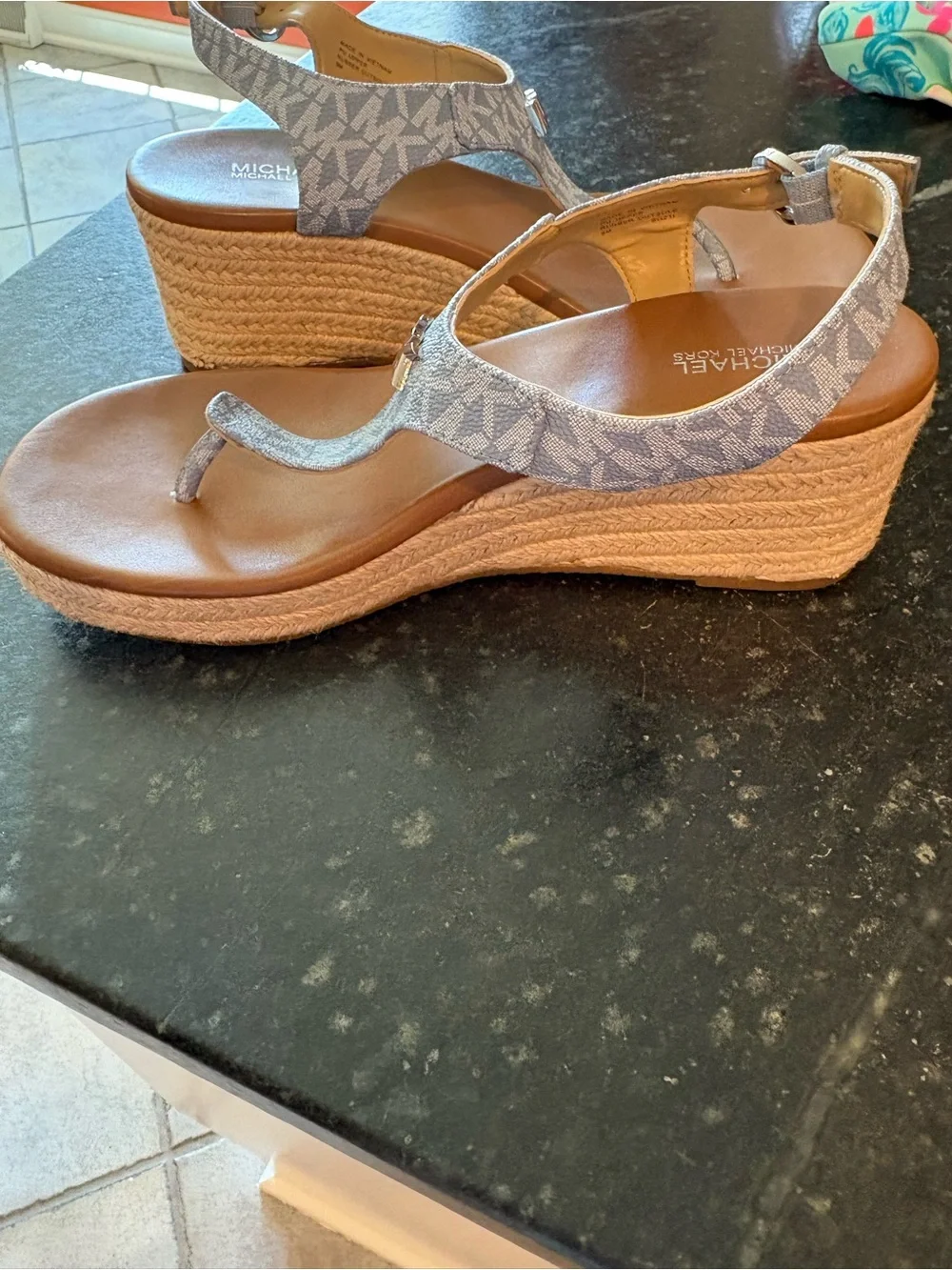 Michael Kors Blue Monogram T-Strap Thong Sandals